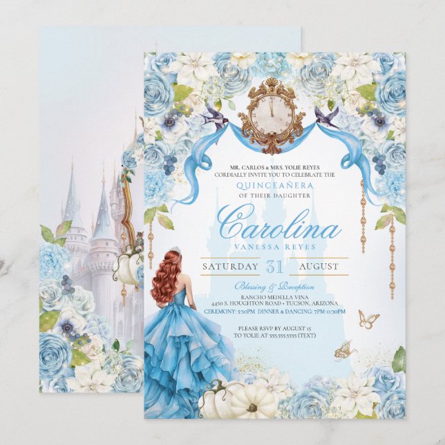 Blue Gold Princess Cinderella Royal Quinceanera Einladung (Vorne/Hinten)