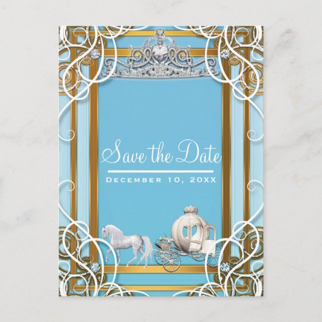 Blue Gold Princess Crown & Carriage Save the Date Ankündigungspostkarte (Vorderseite)