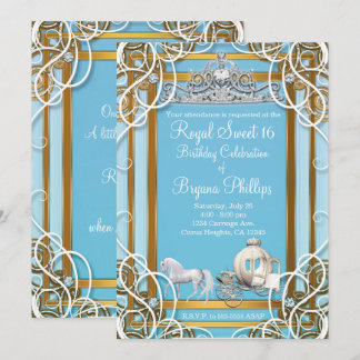 Blue Gold Princess Crown & Carriage Sweet 16 Party Einladung