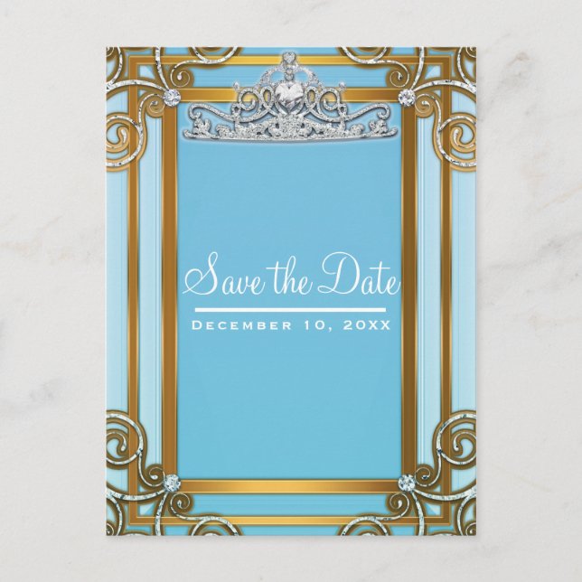 Blue & Gold Princess Crown Tiara Save the Date Ankündigungspostkarte (Vorderseite)