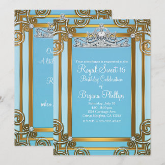 Blue & Gold Princess Crown Tiara Sweet 16 Party Einladung