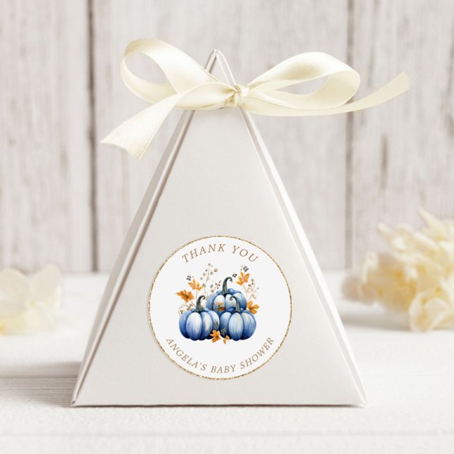 Blue Gold Pumpkin Autumn Baby Showdusche Runder Aufkleber (Von Creator hochgeladen)