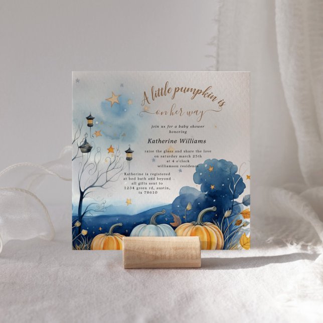 Blue Gold Pumpkin Autumn Baby Shower Einladung (Von Creator hochgeladen)