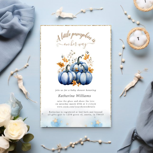 Blue Gold Pumpkin Autumn Baby Shower Einladung (Von Creator hochgeladen)