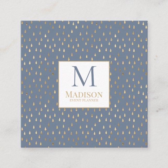 Blue Gold Raindrop Modern Trendy Monogram Quadratische Visitenkarte (Vorderseite)