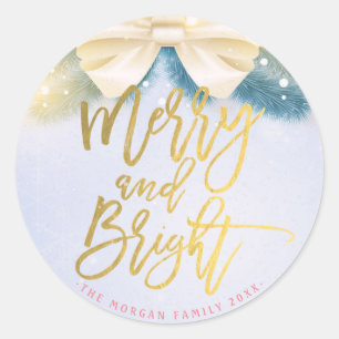 Blue Gold Ribbon Merry and Bright Script Gruß Runder Aufkleber