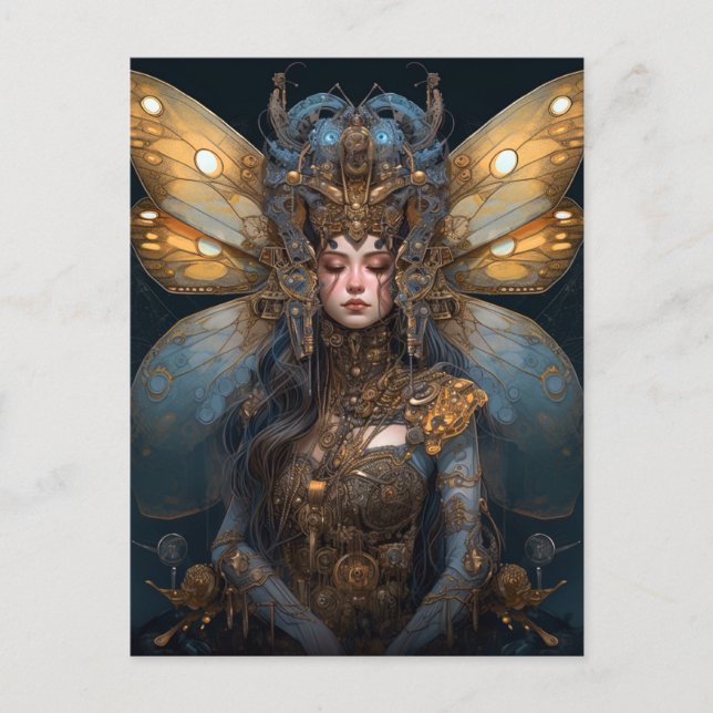 Blue Gold Roboter Techno Fairy Fantasy Art Postkarte (Vorderseite)