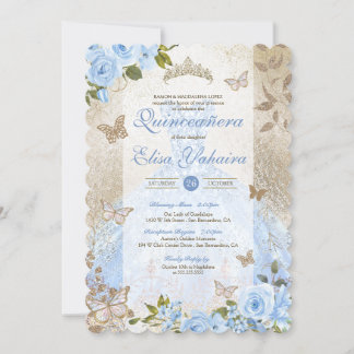 Blue Gold Rose Butterfly Glam Princess Quinceañera Einladung