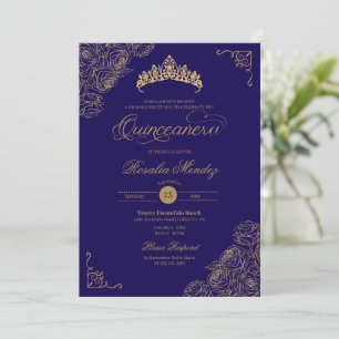 Blue & Gold Rose Elegante Quinceñera Einladung