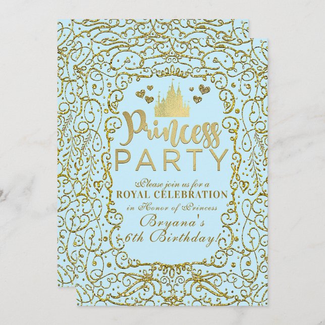 Blue & Gold Royal Burg PRINCESS PARTY Geburtstag Einladung (Vorne/Hinten)
