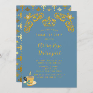 Blue & Gold Royal Crown Damask Bridal Teezeremonie Einladung