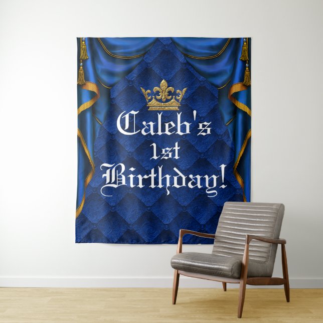 Blue & Gold Royal Elegante Geburtstagsparty Hinter Wandteppich (Beispiel)