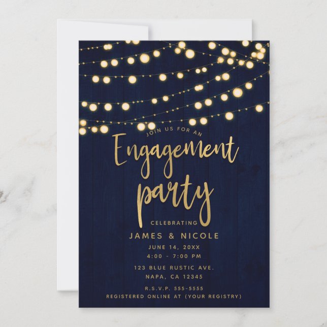 Blue Gold Rustic Wood & Lights Engagement Party Einladung (Vorderseite)