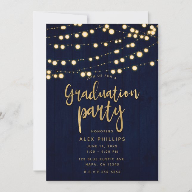 Blue Gold Rustic Wood & Lights Graduation Party Einladung (Vorderseite)
