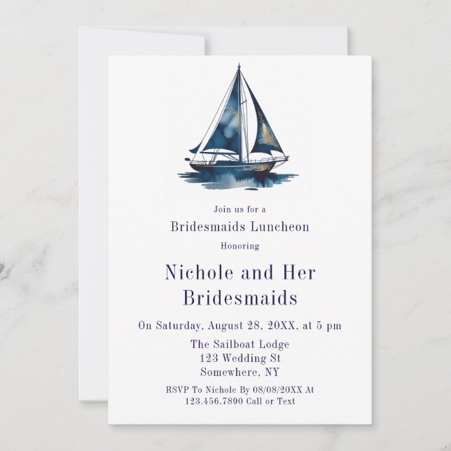 Blue & Gold Sailboat Nautical Bridesmaids Luncheon Einladung (Vorderseite)