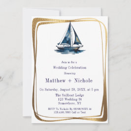 Blue & Gold Sailboat Nautical Wedding Celebration  Einladung