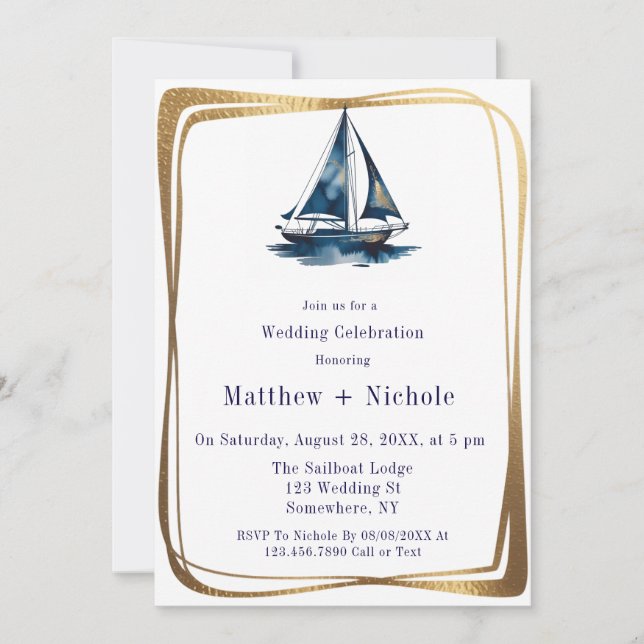 Blue & Gold Sailboat Nautical Wedding Celebration  Einladung (Vorderseite)