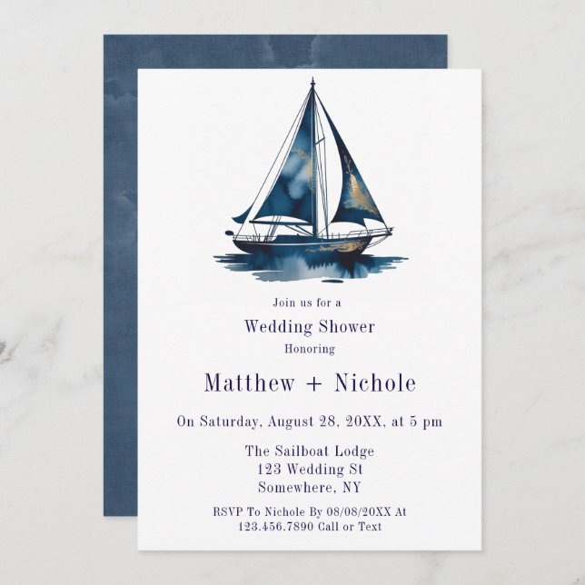 Blue & Gold Sailboat Nautical Wedding Shower Einladung (Vorne/Hinten)
