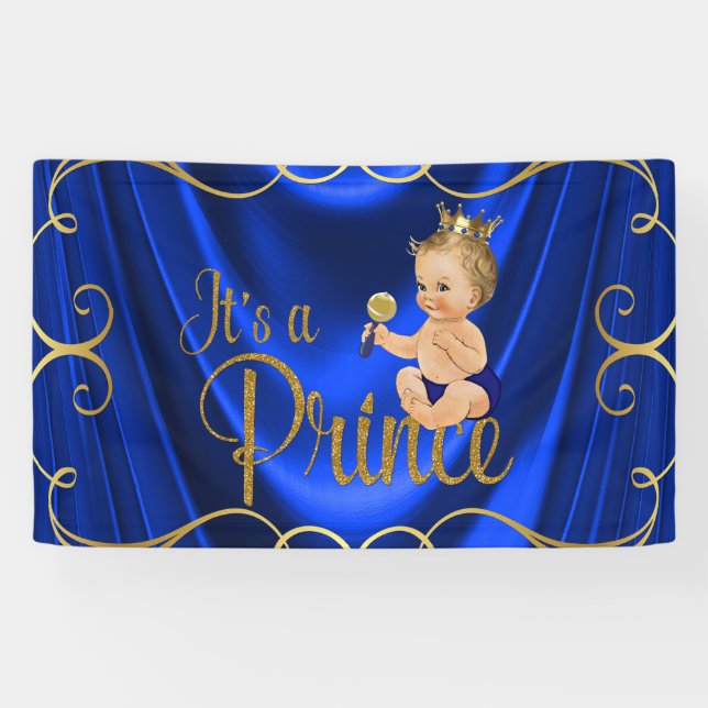 Blue Gold Satin Swirl Prince Baby Dusche Banner (Horizontal)