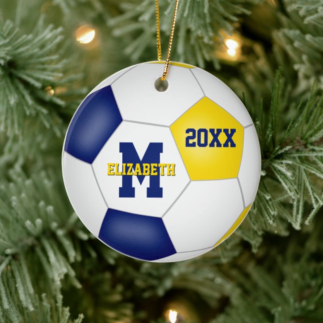 Blue Gold School Sports Team Soccer Keramik Ornament (Baum)