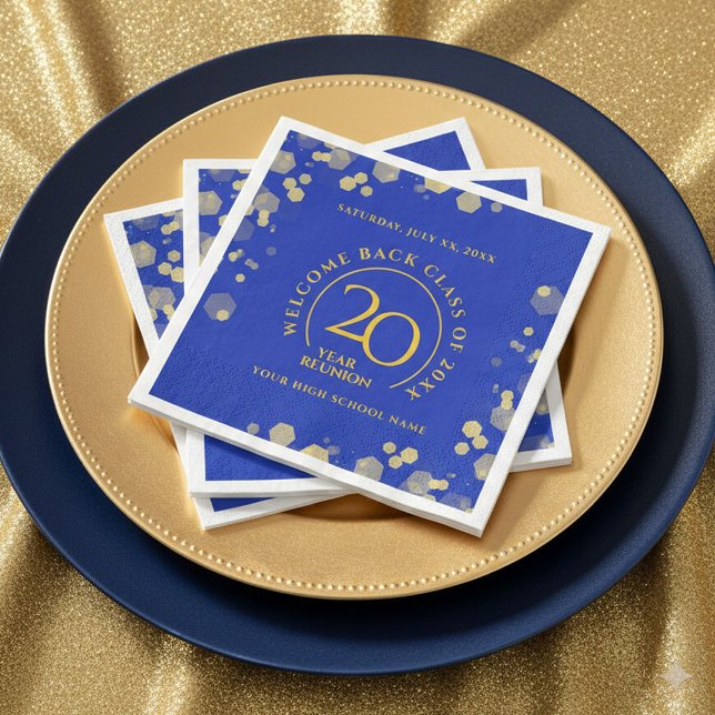 Blue & Gold School Uni Class Wiedersehen Serviette (Elegant 20-Year Class Reunion Royal Blue and Gold Glitter Napkins Cover Photo)