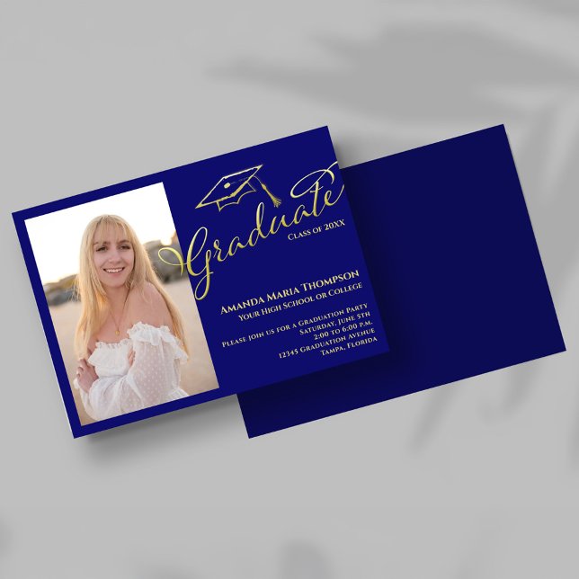 Blue Gold Script Photo Graduation Party Invite Einladung (Navy blue and gold script graduation photo invitation with cap illustration and elegant typography.)