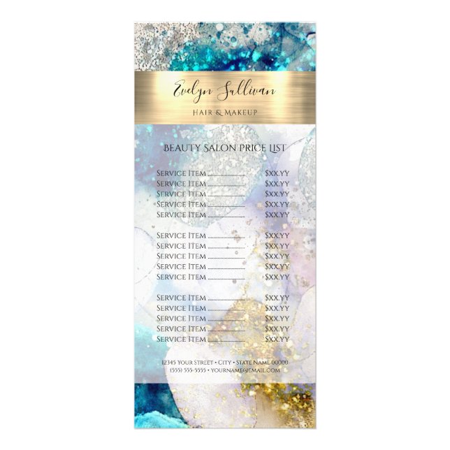 Blue Gold Silber Glitzer Aquarell Preisliste Werbekarte (Vorne)