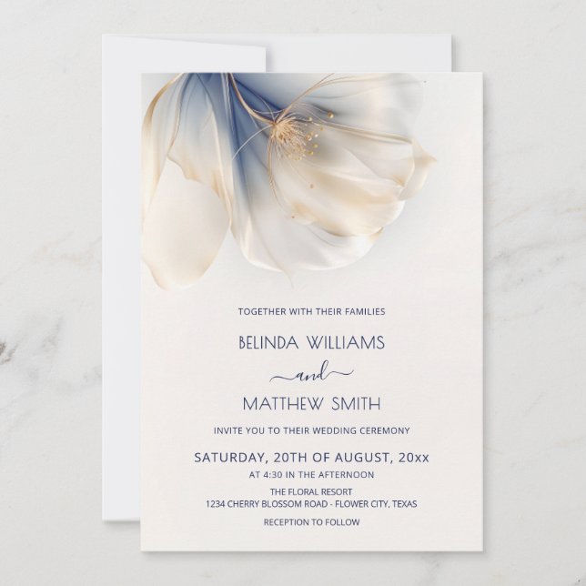 Blue Gold Smoky Watercolor Flower Wedding Einladung (Vorderseite)