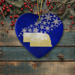 Blue Gold Snowflake Nebraska Herz Keramik Ornament