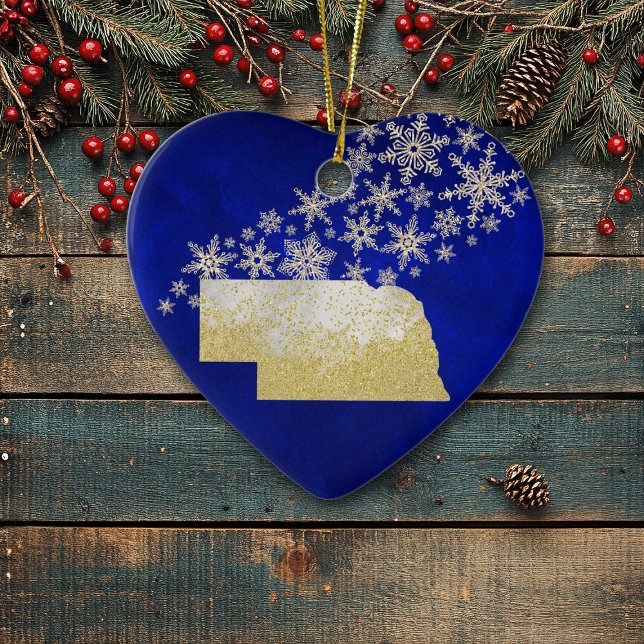 Blue Gold Snowflake Nebraska Herz Keramik Ornament (Von Creator hochgeladen)