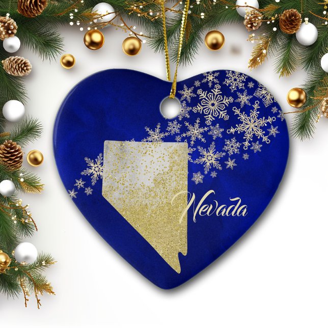Blue Gold Snowflake Nevada Herz Keramik Ornament (Von Creator hochgeladen)