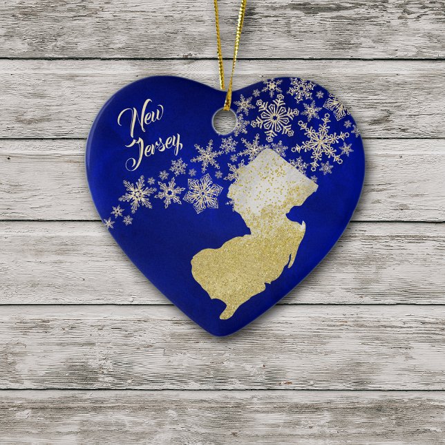 Blue Gold Snowflake New Jersey Herz Keramik Ornament (Von Creator hochgeladen)