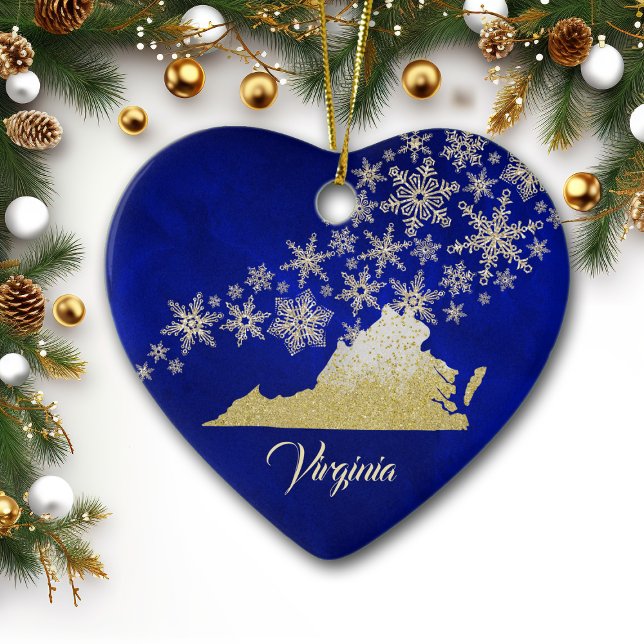 Blue Gold Snowflake Virginia Herz Keramik Ornament (Von Creator hochgeladen)