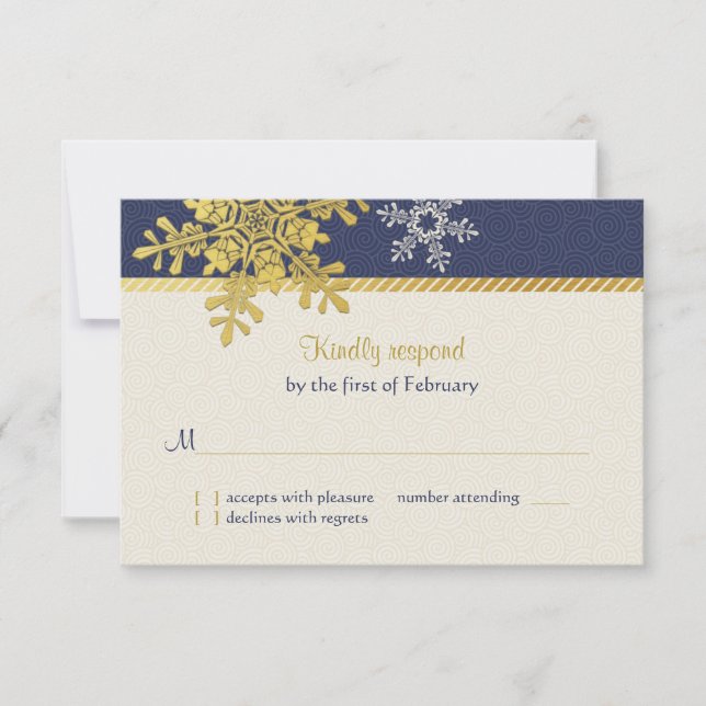 Blue Gold Snowflake Winter Hochzeitskarte RSVP Karte (Vorderseite)