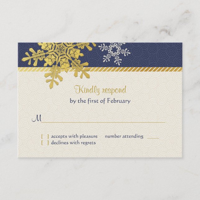 Blue Gold Snowflake Winter Hochzeitskarte RSVP Karte (Vorderseite)