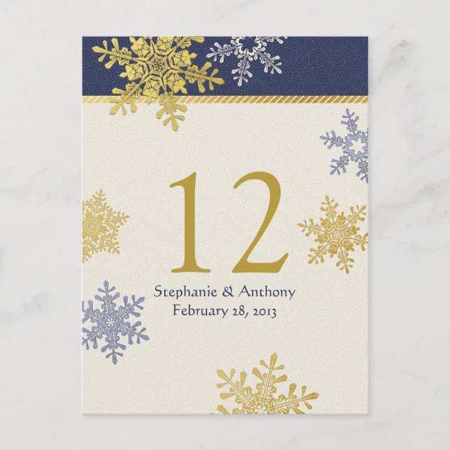Blue Gold Snowflake Winter Wedding Table Card Postkarte (Vorderseite)