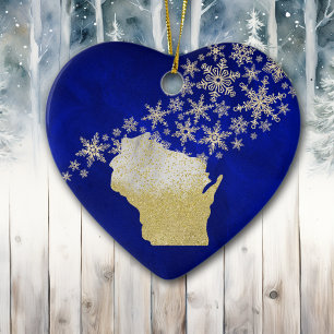 Blue Gold Snowflake Wisconsin Herz Keramik Ornament