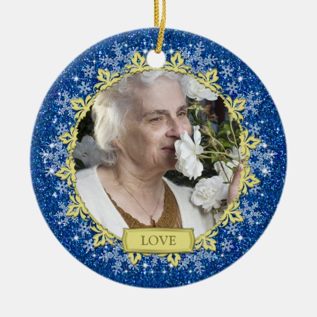 Blue Gold Snowflakes Memorial Foto Weihnachten Keramik Ornament (Vorne)