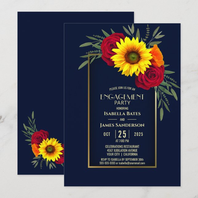 Blue Gold Sonnenblumen Rote Rose Engagement Party Einladung (Vorne/Hinten)