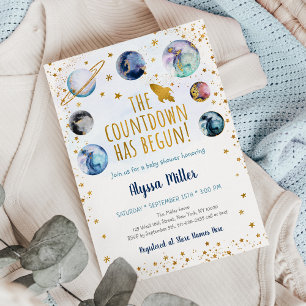 Blue Gold Space Countdown beginnt mit der Baby Dus Einladung
