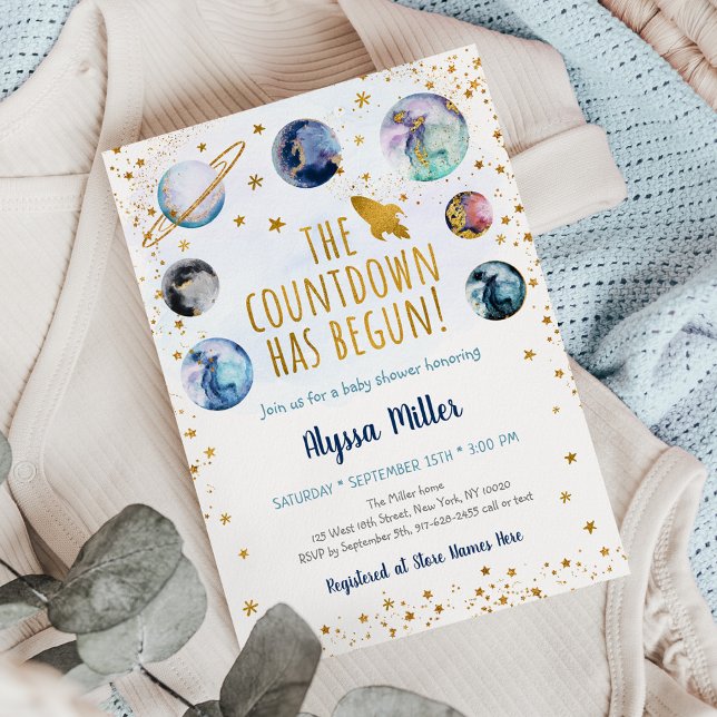 Blue Gold Space Countdown beginnt mit der Baby Dus Einladung (Von Creator hochgeladen)