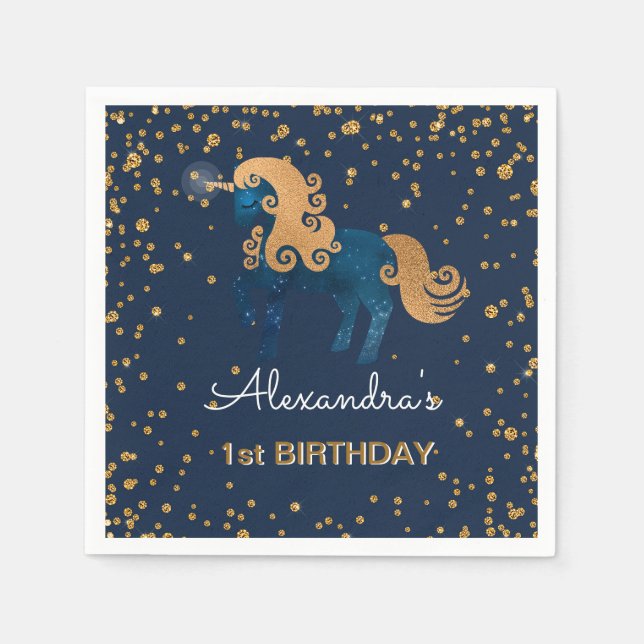 Blue & Gold Sparkle Confetti Unicorn 1. Geburtstag Serviette (Vorderseite)
