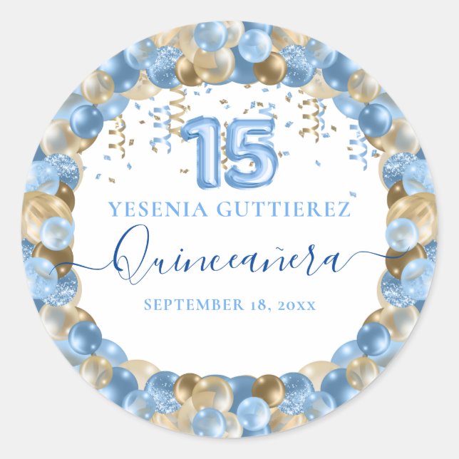 Blue Gold Sparkle Quinceañera Balloon Runder Aufkleber (Vorderseite)