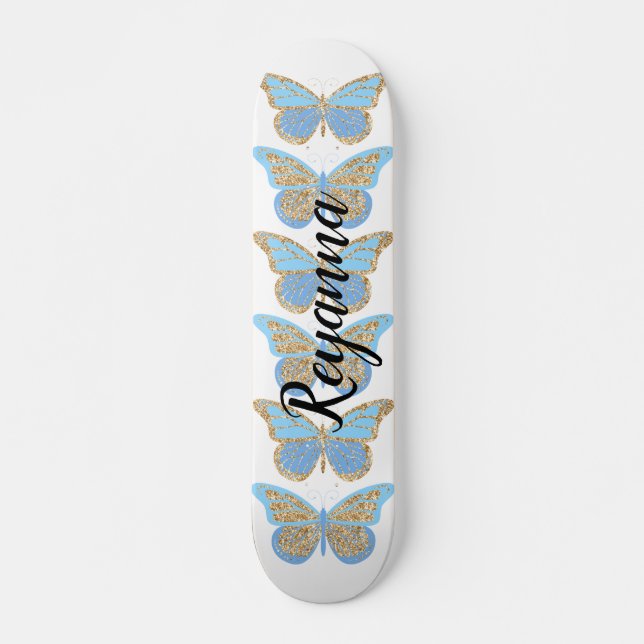 Blue-Gold-Sparkle-Schmetterlinge Personalisiert Skateboard (Vorne)