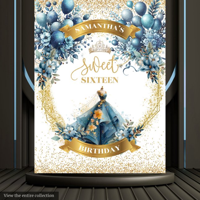 Blue Gold Sparkle Sweet 16 Watercolor Party Banner Wandteppich (Blue Gold Sparkle Sweet 16 Watercolor Party Banner Tapestry)