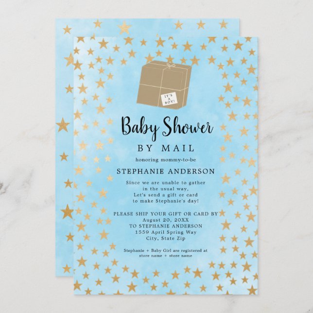 Blue Gold Star Boy Baby Dusche per E-Mail Einladung (Vorne/Hinten)