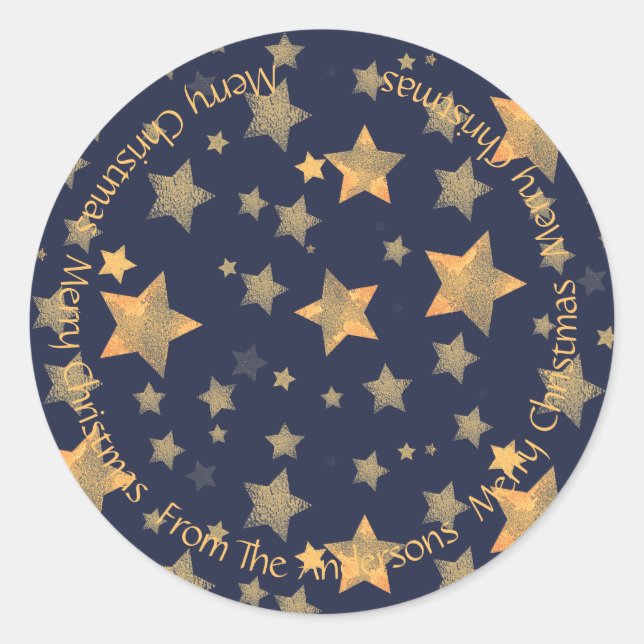 Blue Gold Star Typografie Vintag Frohe Weihnachten Runder Aufkleber (Vorderseite)