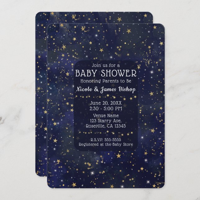 Blue & Gold Starry Night Sky Celestial Baby Dusche Einladung (Vorne/Hinten)