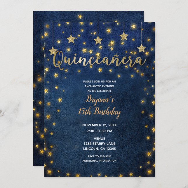 Blue & Gold Stars Celestial Sky Quinceañera Party Einladung (Vorne/Hinten)