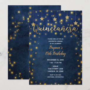 Blue & Gold Stars Himmels-Quinceañera-Party Einladung